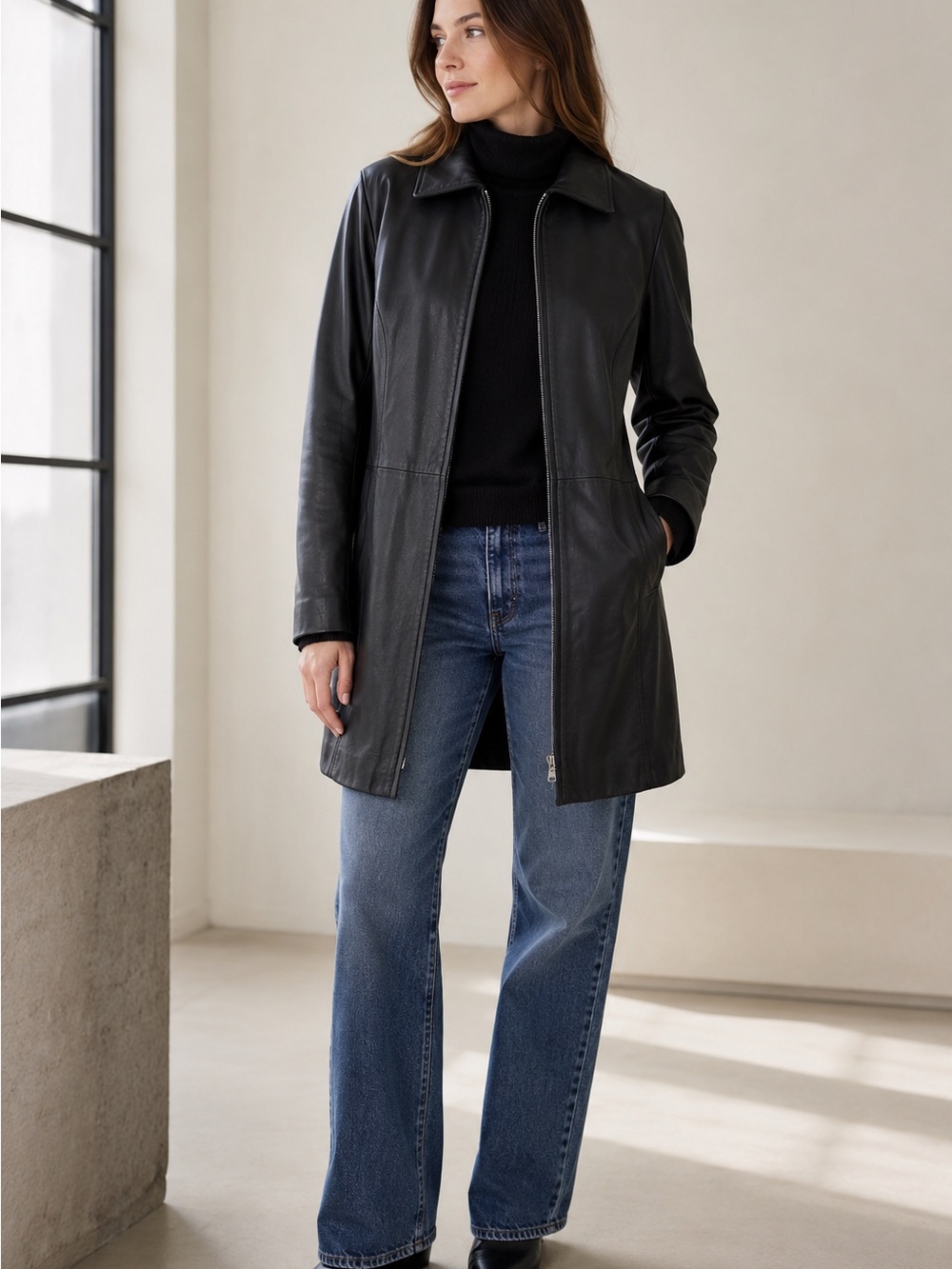 Ambition New York Butter Leather Zip Front Coat XL Black Car Coat